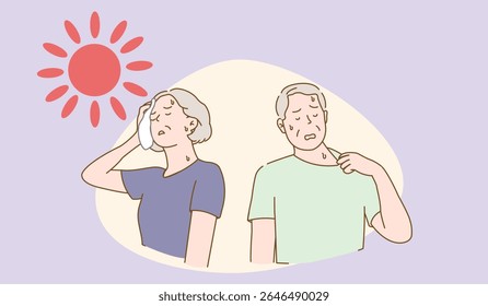 Vector illustration of an elderly couple feeling hot and sweating under a strong sun. This image depicts the effects of a heatwave or hot weather on seniors. The woman is wiping her forehead with a to