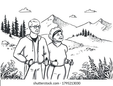 vector illustration of an elderly couple on a sports walk in the mountains. people walking in nature. Nordic walking. hand drawn sketch