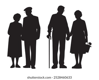 Vector illustration. An elderly couple of pensioners. A large set of people.	
