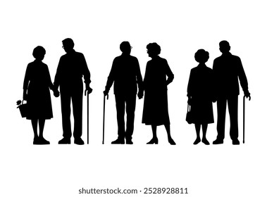 Vector illustration. An elderly couple of pensioners. A large set of people.	