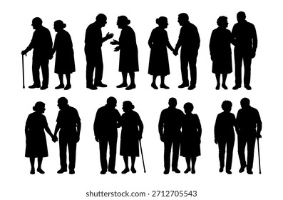 Ilustración vectorial. Una pareja de jubilados de edad avanzada. Un Grande grupo de personas.
