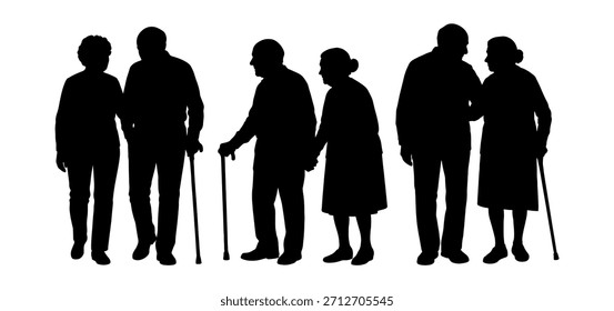 Ilustración vectorial. Una pareja de jubilados de edad avanzada. Un Grande grupo de personas.