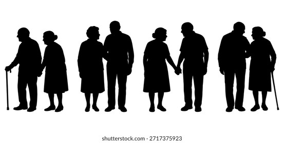 Ilustración vectorial. Una pareja de jubilados de edad avanzada. Un Grande grupo de personas.