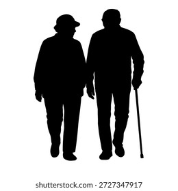Ilustración vectorial. Una pareja de jubilados de edad avanzada. Un Grande grupo de personas.	