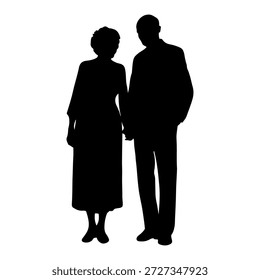Ilustración vectorial. Una pareja de jubilados de edad avanzada. Un Grande grupo de personas.	