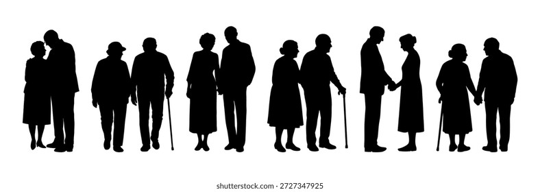 Ilustración vectorial. Una pareja de jubilados de edad avanzada. Un Grande grupo de personas.	