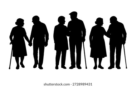 Ilustración vectorial. Una pareja de jubilados de edad avanzada. Un Grande grupo de personas.