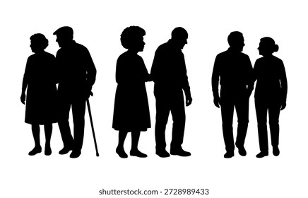 Ilustración vectorial. Una pareja de jubilados de edad avanzada. Un Grande grupo de personas.