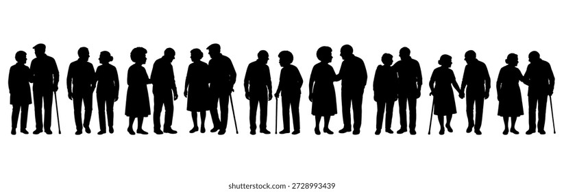 Ilustración vectorial. Una pareja de jubilados de edad avanzada. Un Grande grupo de personas.	