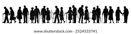 Vector illustration. An elderly couple of pensioners. A large set of people.	