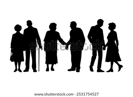 Vector illustration. An elderly couple of pensioners. A large set of people.	