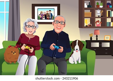 A vector illustration of elderly couple playing games at home