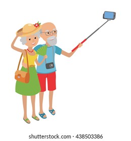 Vector illustration of elderly couple traveling isolated on white background in flat style. Elderly man and woman grandparents senior couple makes selfie.