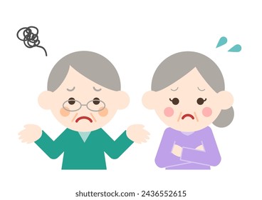 Vector illustration of elderly couple in trouble. Elderly man and elderly woman who are worried and have their arms crossed. Two people with troubled faces.