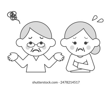 Vector illustration of elderly couple in trouble. Black and white. Elderly man and elderly woman who are worried and have their arms crossed. Two people with troubled faces.
