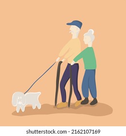 
Vector Illustration Elderly Couple Walking The Dog.