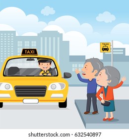 Vector illustration of an elderly couple waving to a taxi