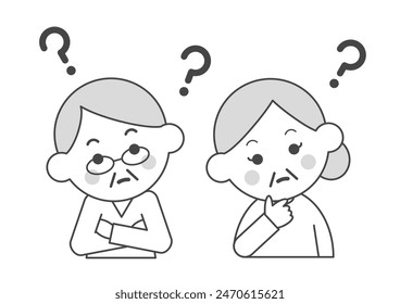 Vector illustration of elderly couple wondering. The two of them tilt their heads. Black and white. Question marks above their heads.