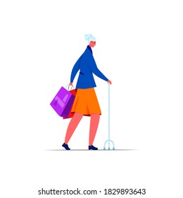 Vector illustration of elderly disabled woman carrying shopping bags in her hand. It can be used in web design, brochures, banners, advertising, etc.