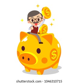 Vector illustration of elderly, grandpa riding on piggy bank with gold coins.