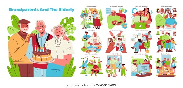 Vector illustration of elderly individuals celebrating with a cake, engaging in various activities like cooking, sharing memories, and using technology, promoting family bonding and creativity.