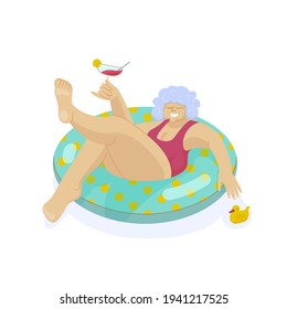 A vector illustration of an elderly lady in a swim ring in a swimming pool drinking cocktail and enjoying her leisure time. Happy senior woman in a swimsuit smiling on summer holidays in a resort.