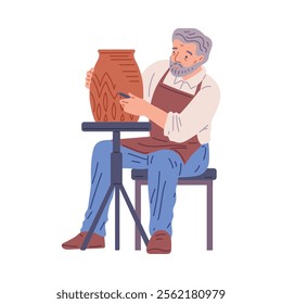 Vector illustration of an elderly male potter sitting at the table in an apron and creating a pattern on a ceramic vase. The process of making clay pottery. Flat cartoon style. Isolated background.