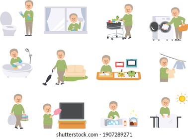 Vector illustration of elderly man doing housework