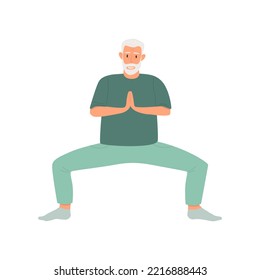 Vector illustration of an elderly man doing yoga. The concept of a healthy lifestyle, sports and meditation in old age.