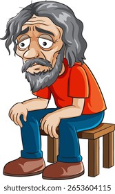 Vector illustration of an elderly man with gray hair sitting on a bench, wearing casual clothes, expressing deep thought