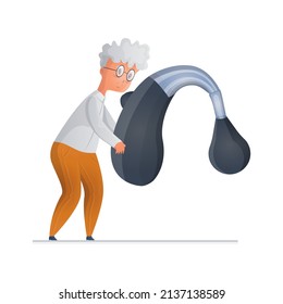 Vector illustration of an elderly man holding an enlarged hearing aid. Concept technological, medical devices, equipment for the deaf, assistance to the hard of hearing.