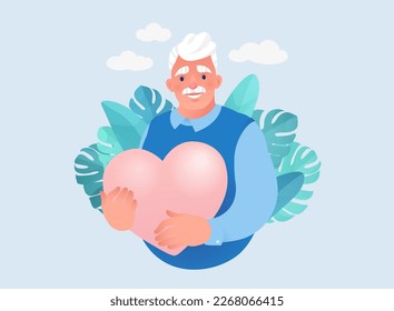 Vector illustration of elderly man holding a big heart. Healthcare and medicine concept.