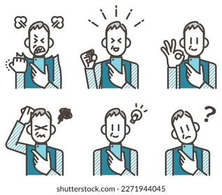 Vector illustration of an elderly man holding a smartphone with various facial expressions.