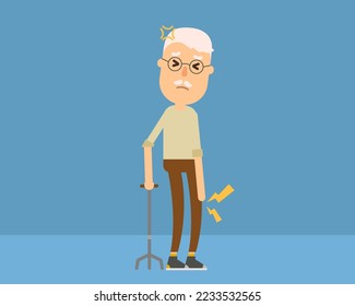 Vector illustration of an elderly man with a knee sore holding a cane. Flat style vector design.