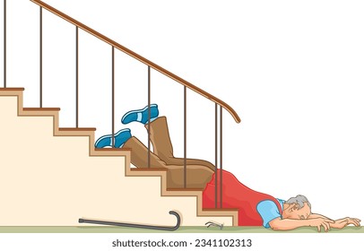 Vector illustration of elderly man lying face down between floor and stairs after slip fall accident,faints after falling down stairs,lose consciousness,isolated on white.Health care,safety elderly.