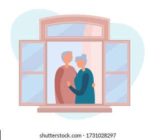Vector illustration of elderly man with mustache hugging mature woman tenderly while resting near open window in weekend at home. People staying by the window at home in self quarantine