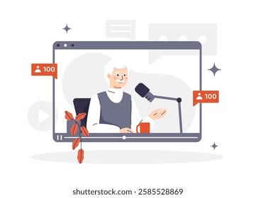 Vector illustration of an elderly man podcaster broadcasting live on a tablet screen. The man speaks into a microphone, interacting with his audience. Podcast, streaming, media content