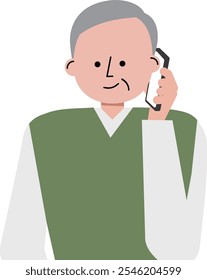 A vector illustration of an elderly man smiling while talking on a smartphone