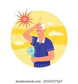 Vector illustration of an elderly man suffering from heatstroke. Cartoon scene of grandfather with gray hair, mustache wiping drops of sweat, holding fan, hot summer sun isolated on white background.