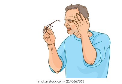 Vector illustration of elderly man taking off glasses, suffering from headache,healthcare,pain,stress,frustrated,age,hormonal imbalance,isolated on white,Lifestyle eldery,Retirement golden age crisis.