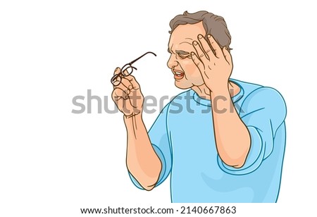Vector illustration of elderly man taking off glasses, suffering from headache,healthcare,pain,stress,frustrated,age,hormonal imbalance,isolated on white,Lifestyle eldery,Retirement golden age crisis.