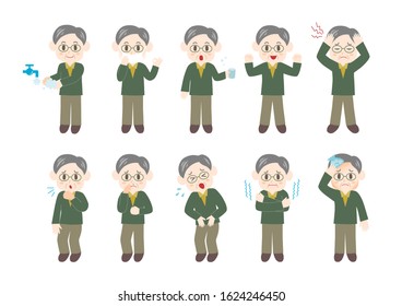 Vector illustration of elderly man. Under the weather. Taking care of one's health.