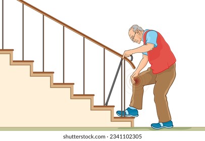 Ilustración vectorial de un anciano que usa gafas que sufren de dolor de espalda camina con bastón mientras sube por las escaleras en casa, aislado de fondo blanco. Seguridad de la salud en las actividades diarias en ancianos