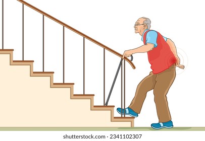 Ilustración vectorial de un anciano que usa gafas que sufren de dolor de espalda camina con bastón mientras sube por las escaleras en casa, aislado de fondo blanco. Seguridad de la salud en las actividades diarias en ancianos