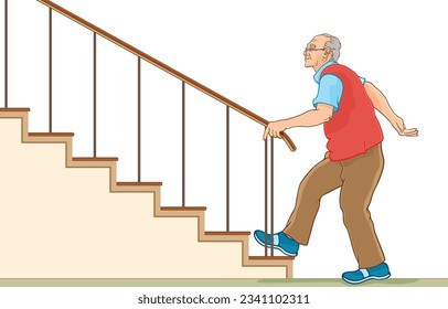 Ilustración vectorial de un anciano que usa anteojos con confianza sube escaleras arriba, sube escaleras arriba en casa, aislado en un fondo blanco. Salud, actividad física en el concepto de ancianos.