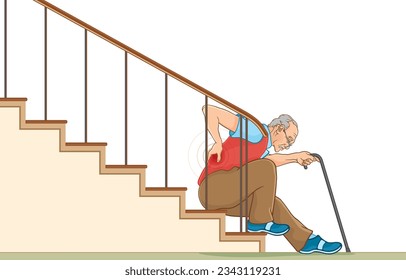 Vector illustration of elderly man wearing glasses suffering from back pain walks with cane while going up stairs at home,isolated on white background.Health care,safety of daily activities in elderly