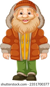 Vector illustration of an elderly man wearing a hoodie, puffer jacket, winter coat, and beanie hat