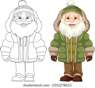 Vector illustration of an elderly man wearing a hoodie, puffer jacket, winter coat, and beanie hat