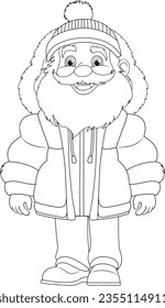 Vector illustration of an elderly man wearing a hoodie, puffer jacket, winter coat, and beanie hat