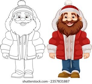 Vector illustration of an elderly man wearing a hoodie, puffer jacket, winter coat, and beanie hat